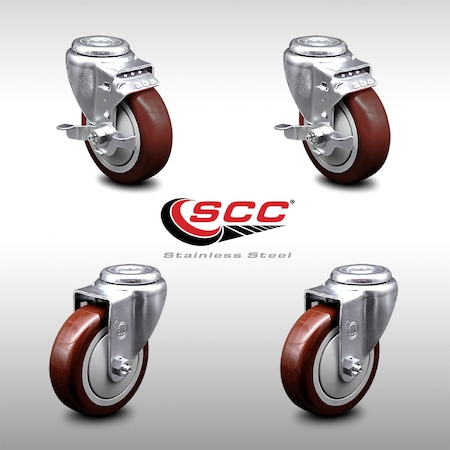 Service Caster 4 Inch SS Maroon Polyurethane Wheel Swivel Bolt Hole Caster Set with 2 Brake SCC SCC-SSBH20S414-PPUB-MRN-TLB-2-S-2